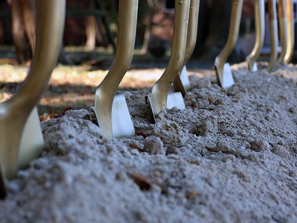 Picture of golden shovels in dirt.
